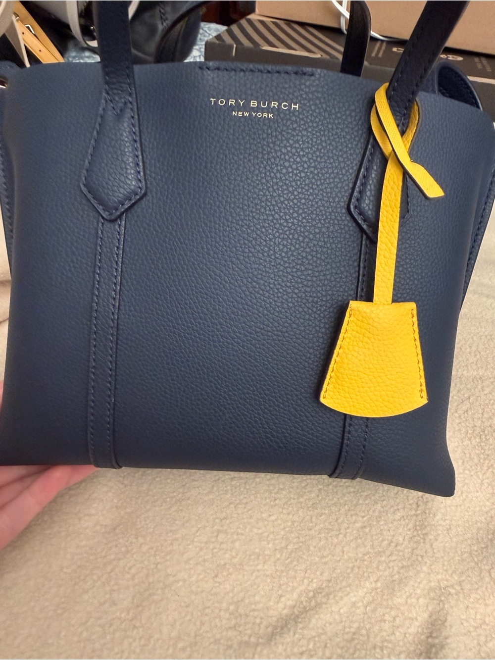 Tory Burch Mini Perry Navy Leather Tote with Yellow Charm Tag